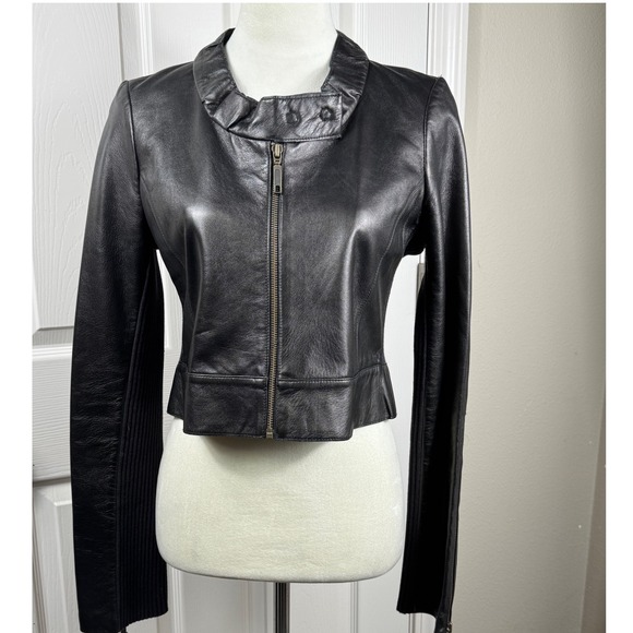 YAYA Leather Jacket Size L Cropped Black Moto Lace Up Back Knit Sleeve - Picture 1 of 9